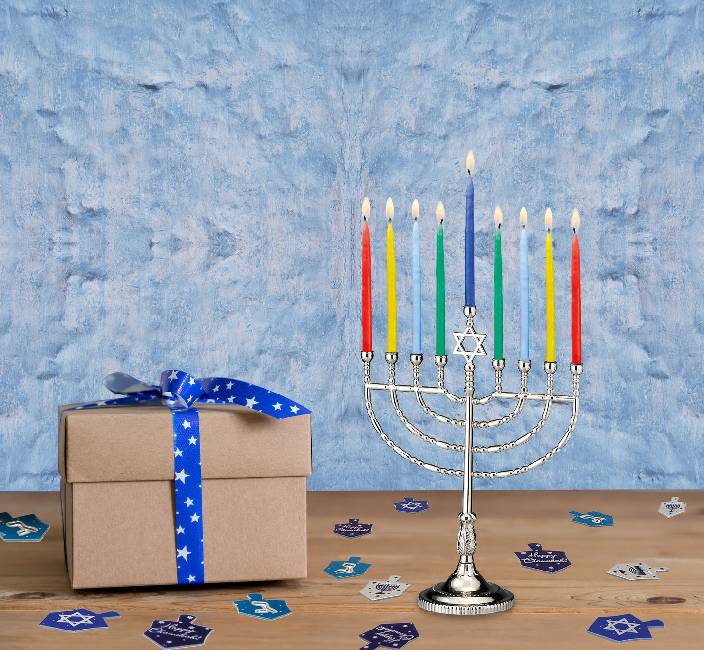 Large Traditional Menorah - Silvertone Finish + Chanukah Candles - Multicolored